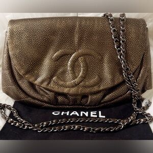 CHANEL Half Moon Bag in a Speckled Gold Leather Crossbody Fits IPhone